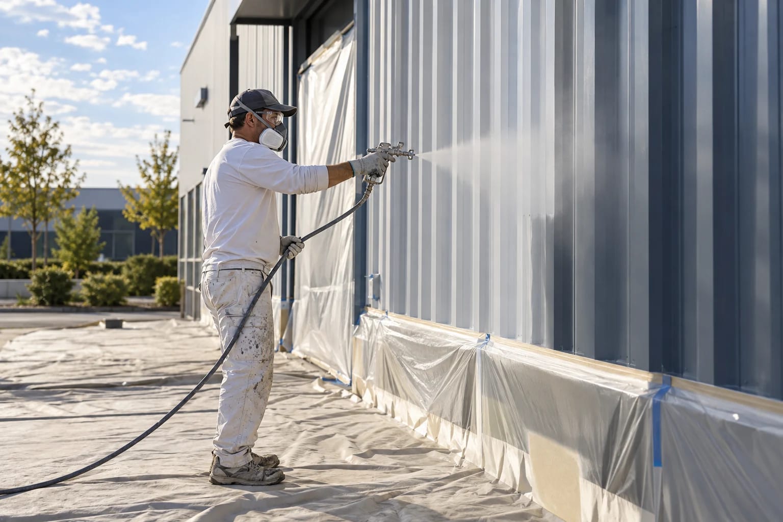 Bauer painters working on a commercial building exterior