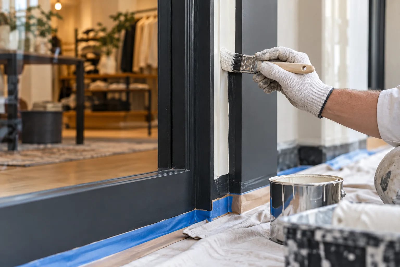 Brush application along a commercial door frame with masking and protection