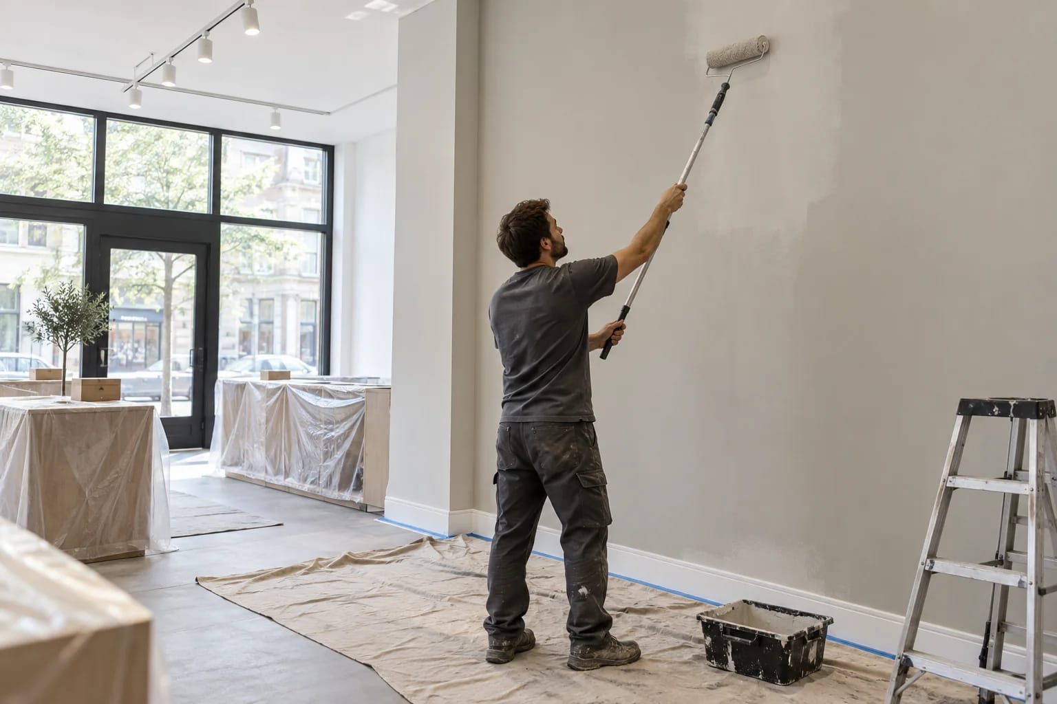 Painter applying a wall finish in a protected commercial interior