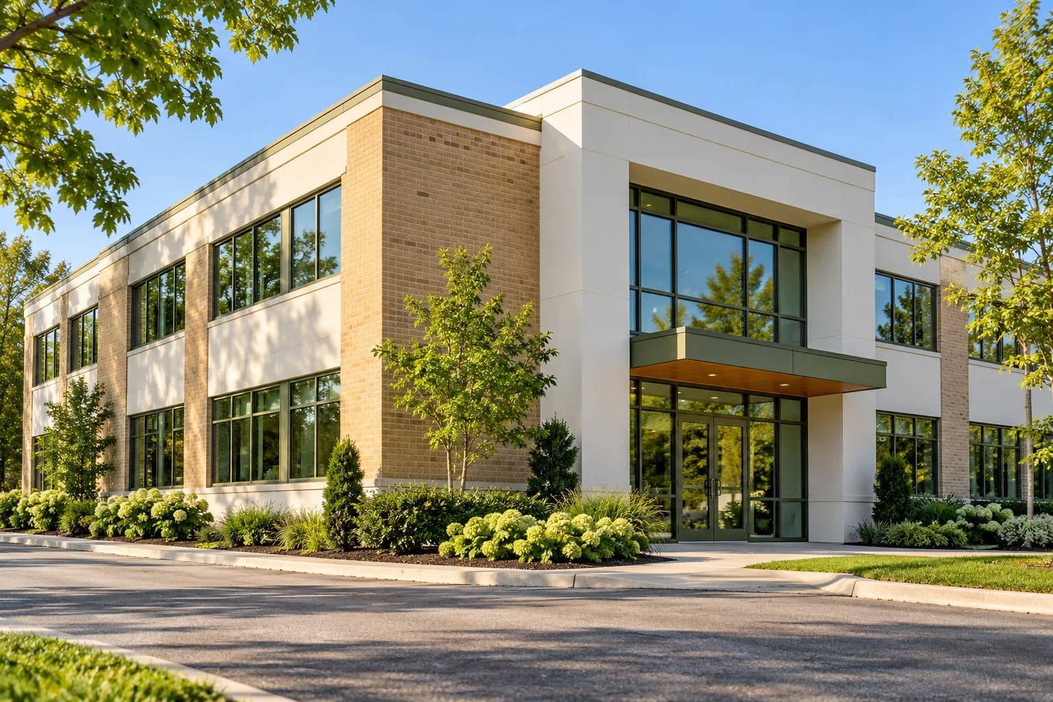 Low-rise commercial building with warm white panels, buff brick and olive trim