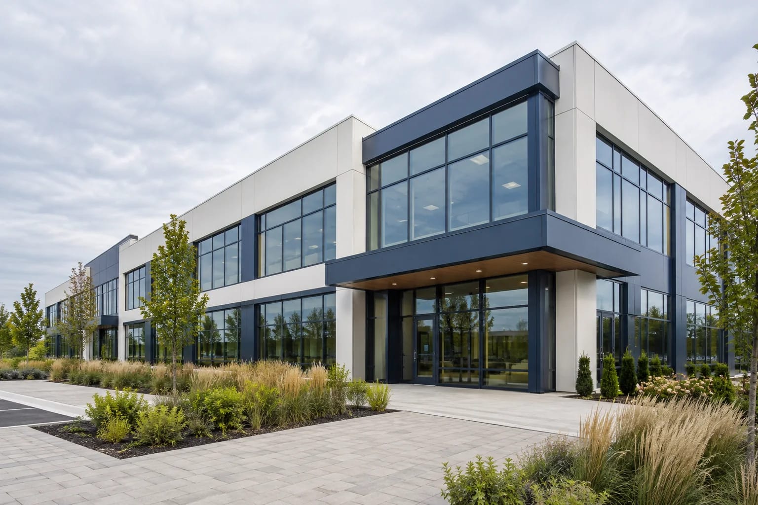 Modern commercial campus with painted white panels and dark metal trim
