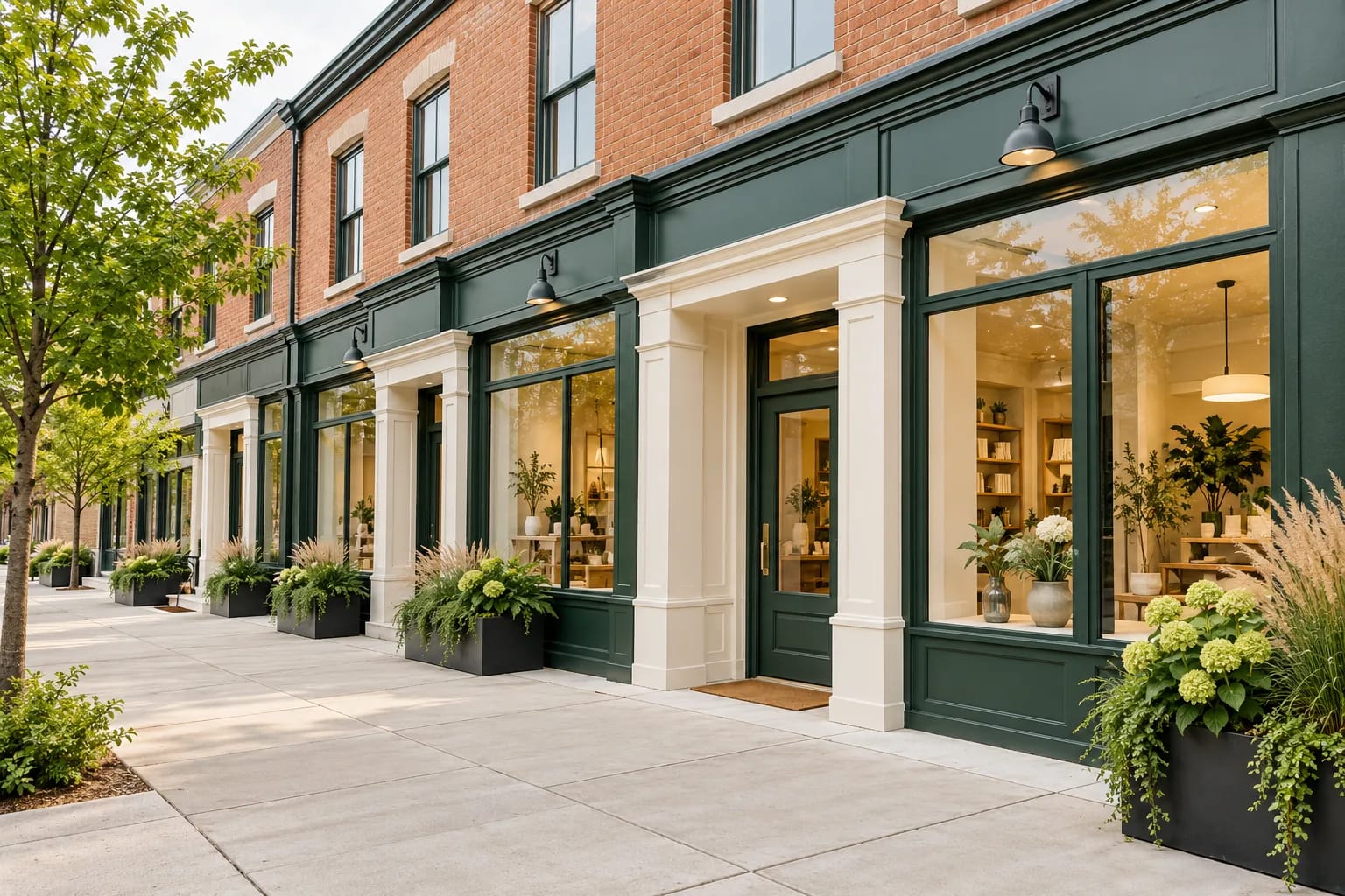 Brick retail storefronts with dark green frames and cream entrance surrounds