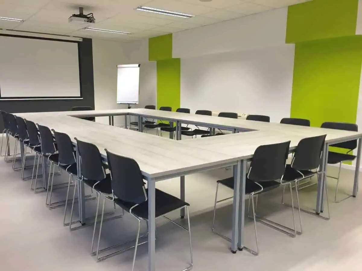 Commercial office interior with painted walls and finished workspaces