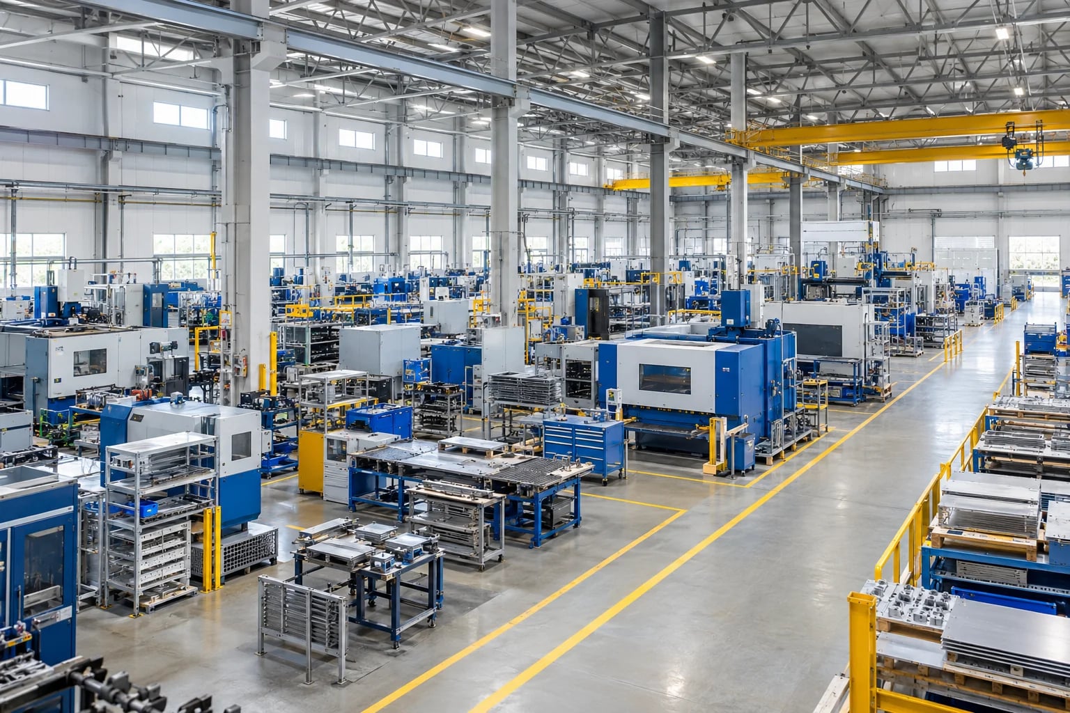 AI-generated factory interior with coated columns, machinery and safety walkways