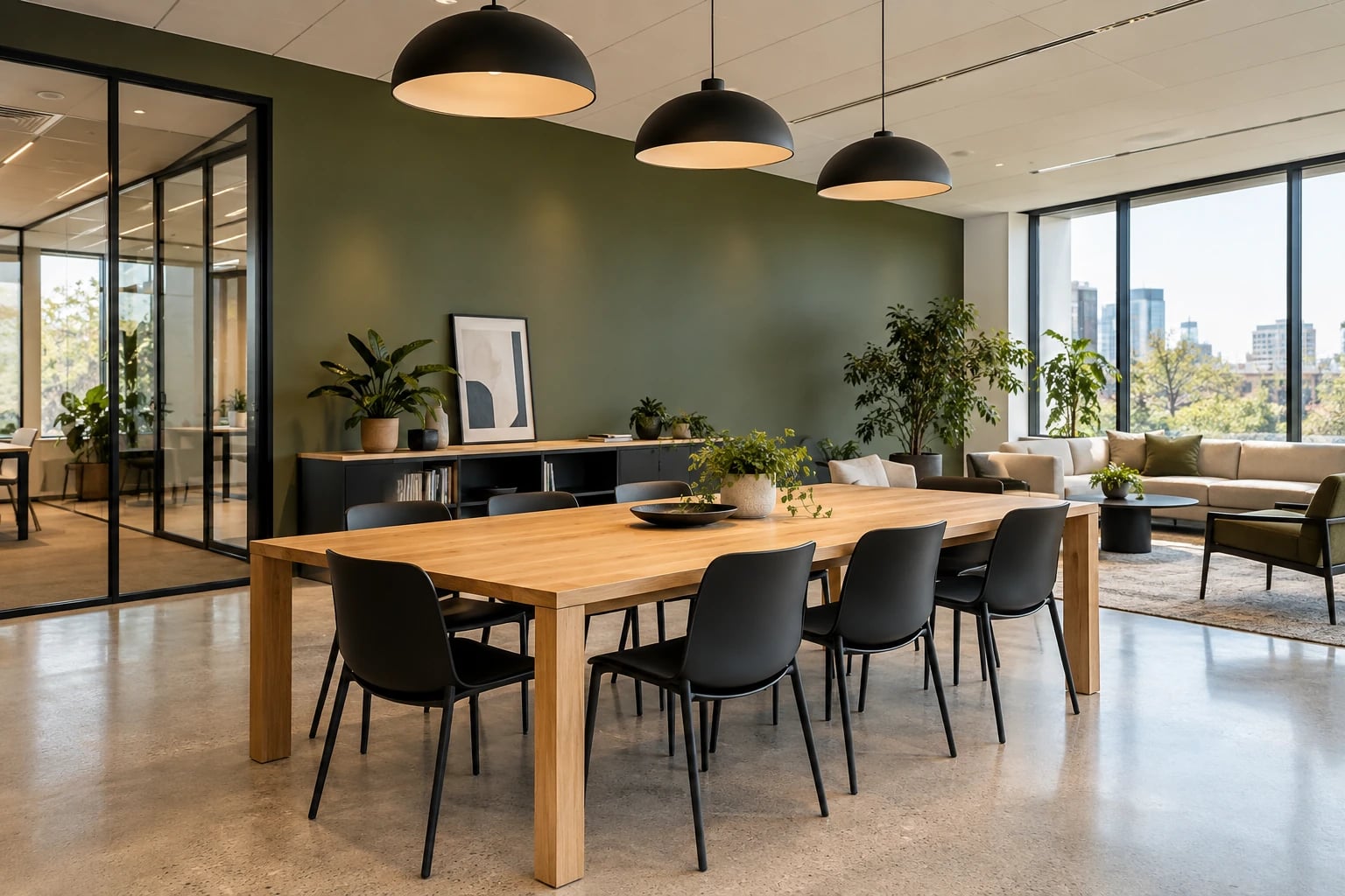 AI-generated finished office collaboration area with painted walls
