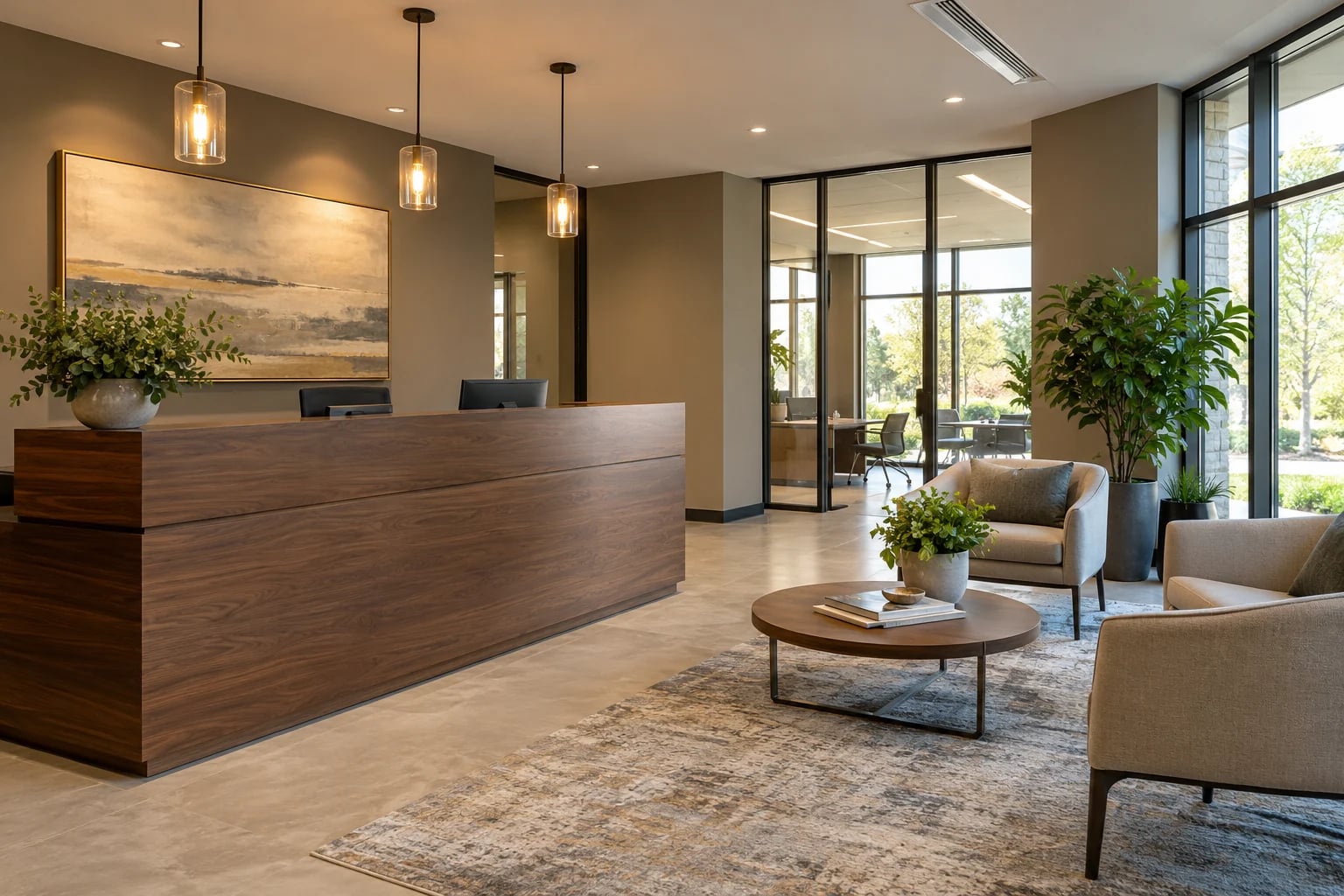 AI-generated commercial office reception with warm neutral walls and seating