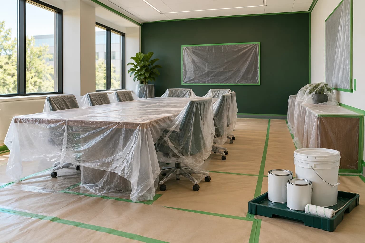 Protected office meeting room ready for planned painting