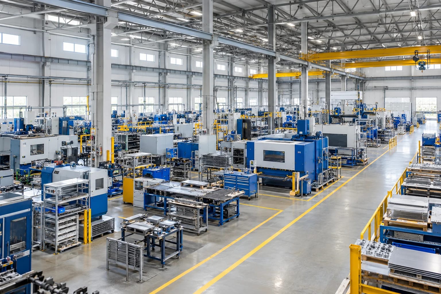 AI-generated factory interior with coated columns, machinery and safety walkways