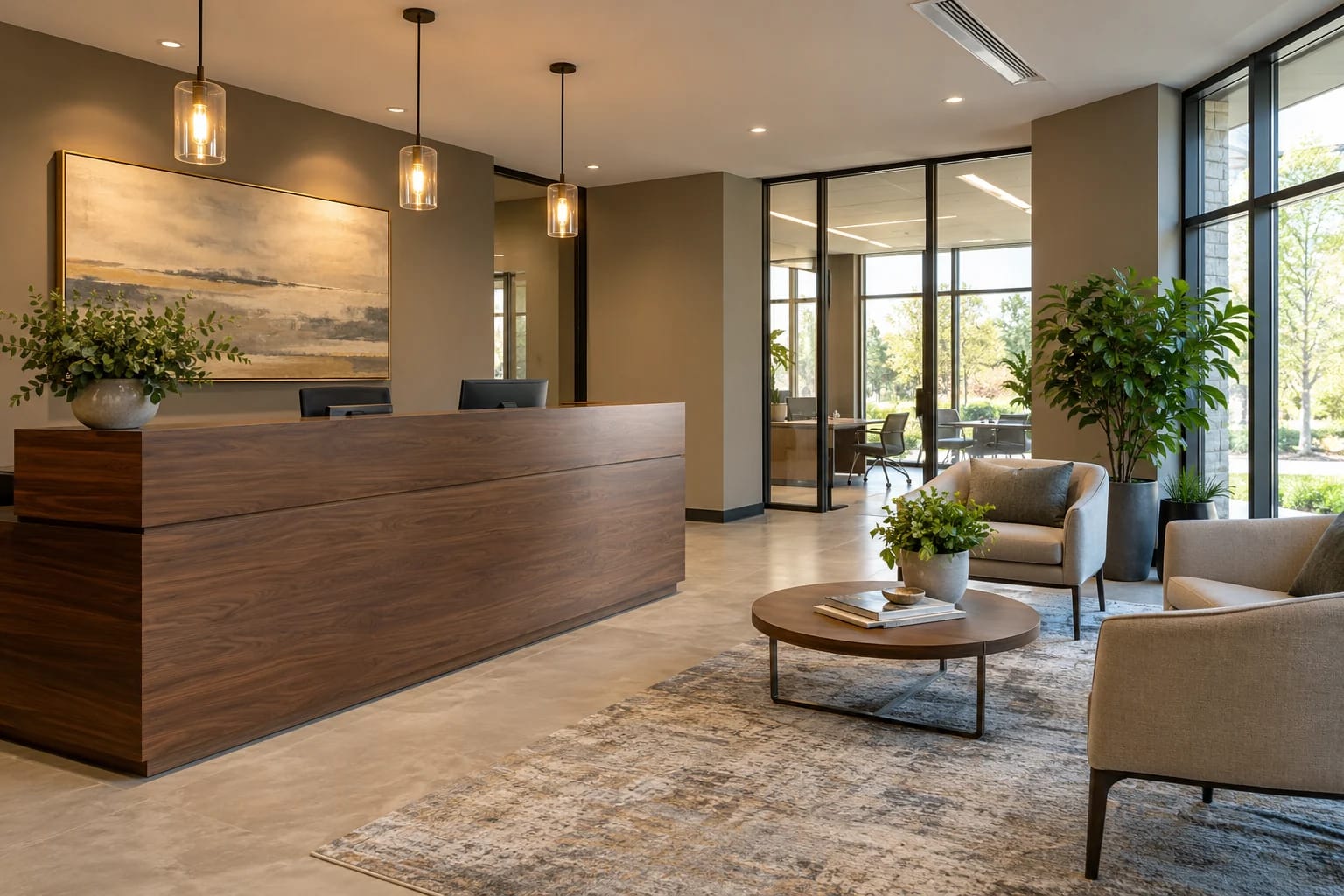 AI-generated commercial office reception with warm neutral walls and seating