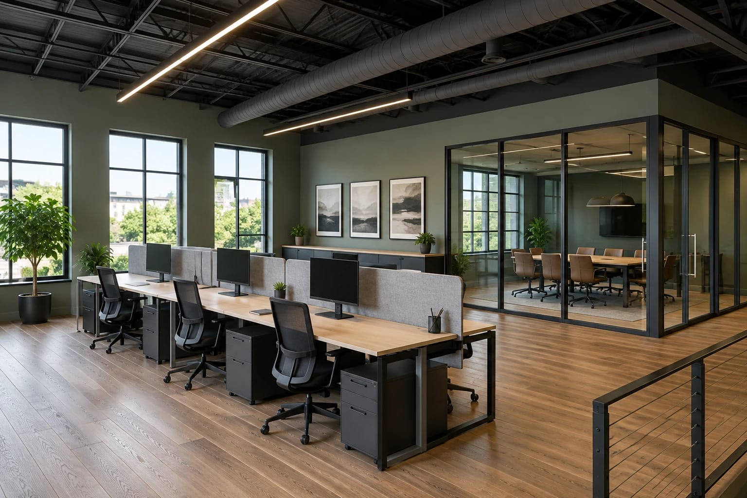 AI-generated finished office workstations and glass meeting room