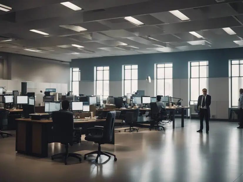Commercial office interior with painted walls and finished workspaces