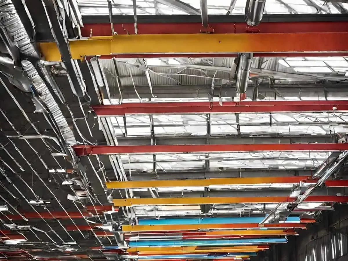 Industrial interior with coated structural surfaces and equipment