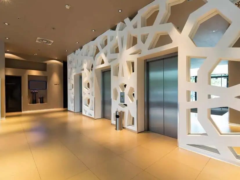 Hospitality interior with decorative wall finishes
