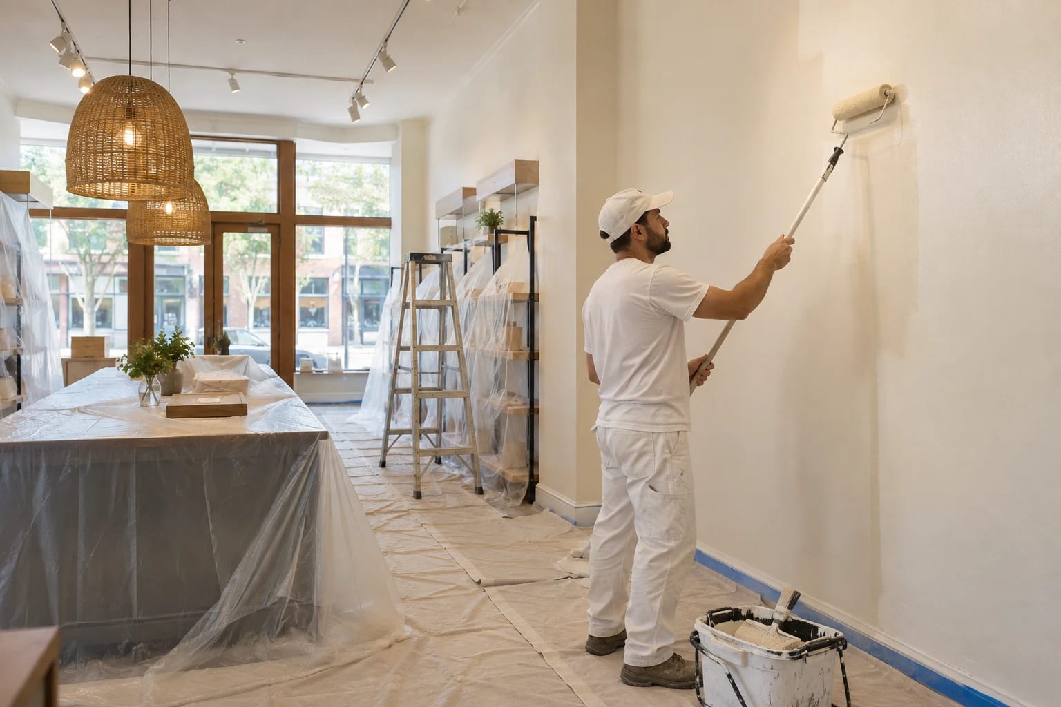 AI-generated painter rolling a retail interior wall with protected furnishings